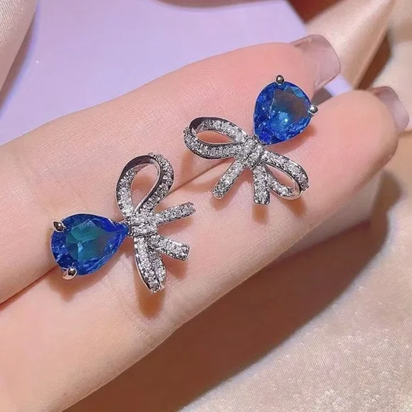 Blue Teardrop Bow Earrings - Picture 1 of 2